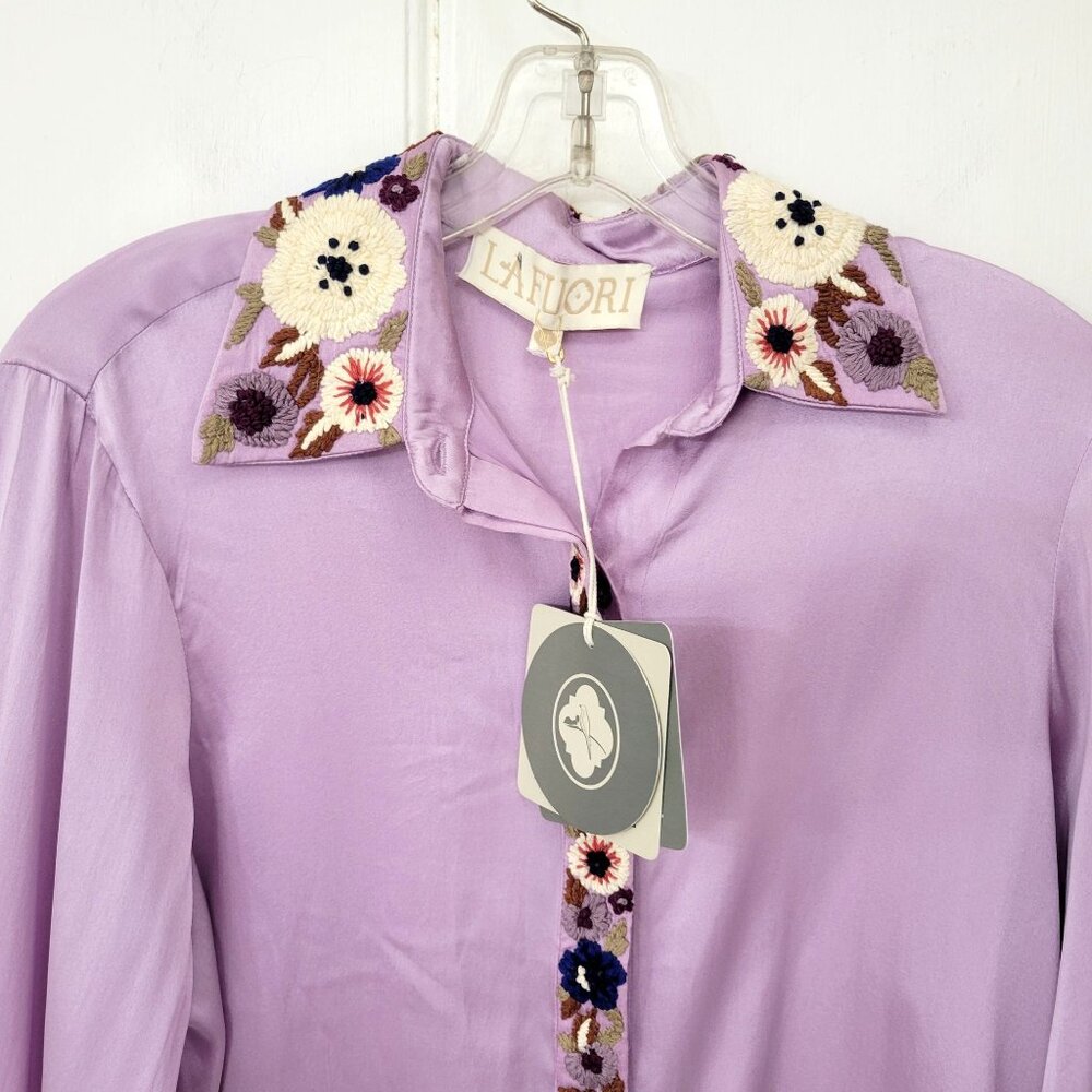 La Fuori Lavender Silk Embroidered Floral Shirt Women's XL with Original Tags - Picture 9 of 9